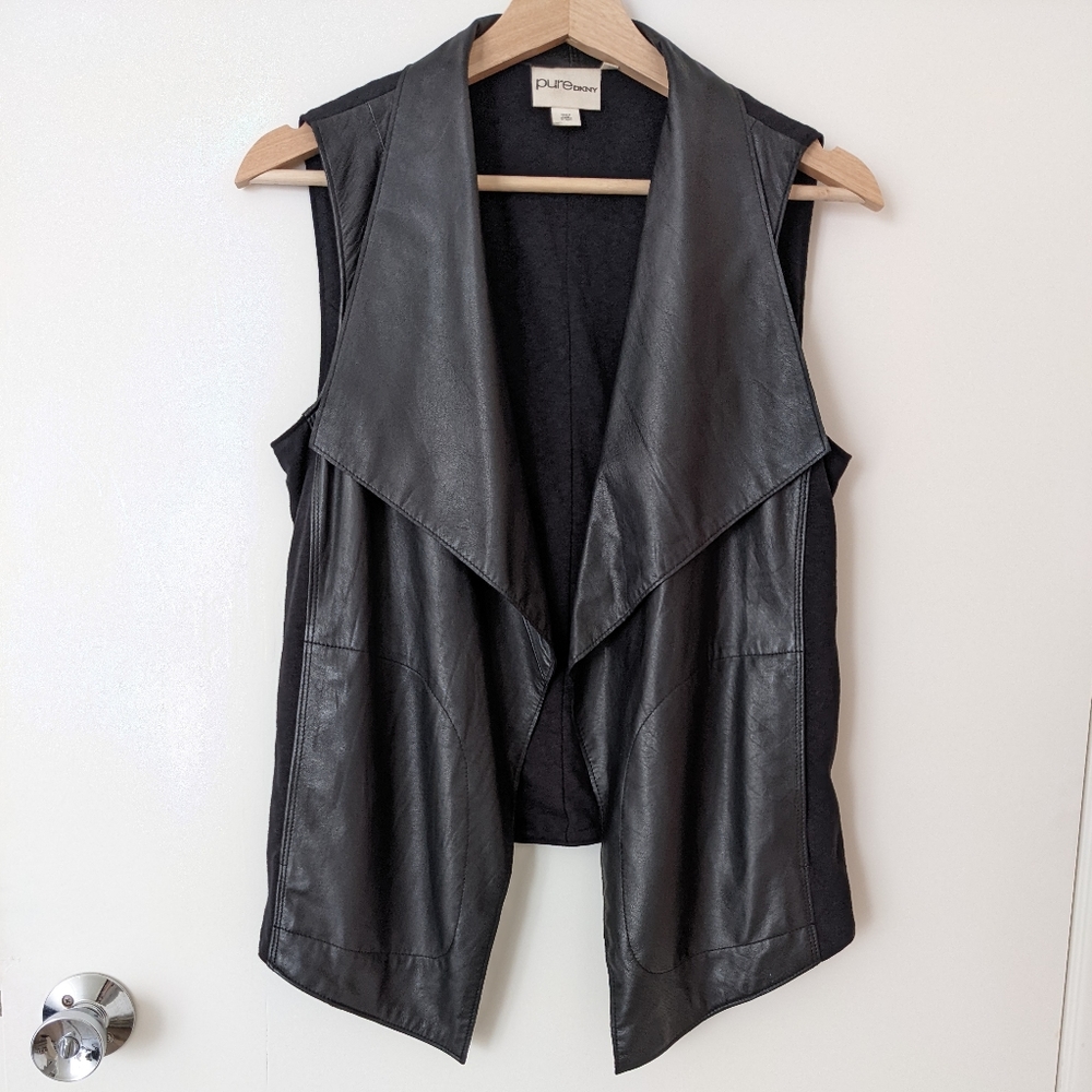 DKNY Pure Leather Vest Lambskin Cotton Black Jacket Draped Waterfall Size P